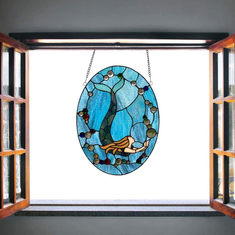 Bieye W10064 Mermaid Tiffany Style Stained Glass Window Panel with Chain, Oval Shape, 13â€W x 18" H - Image 4